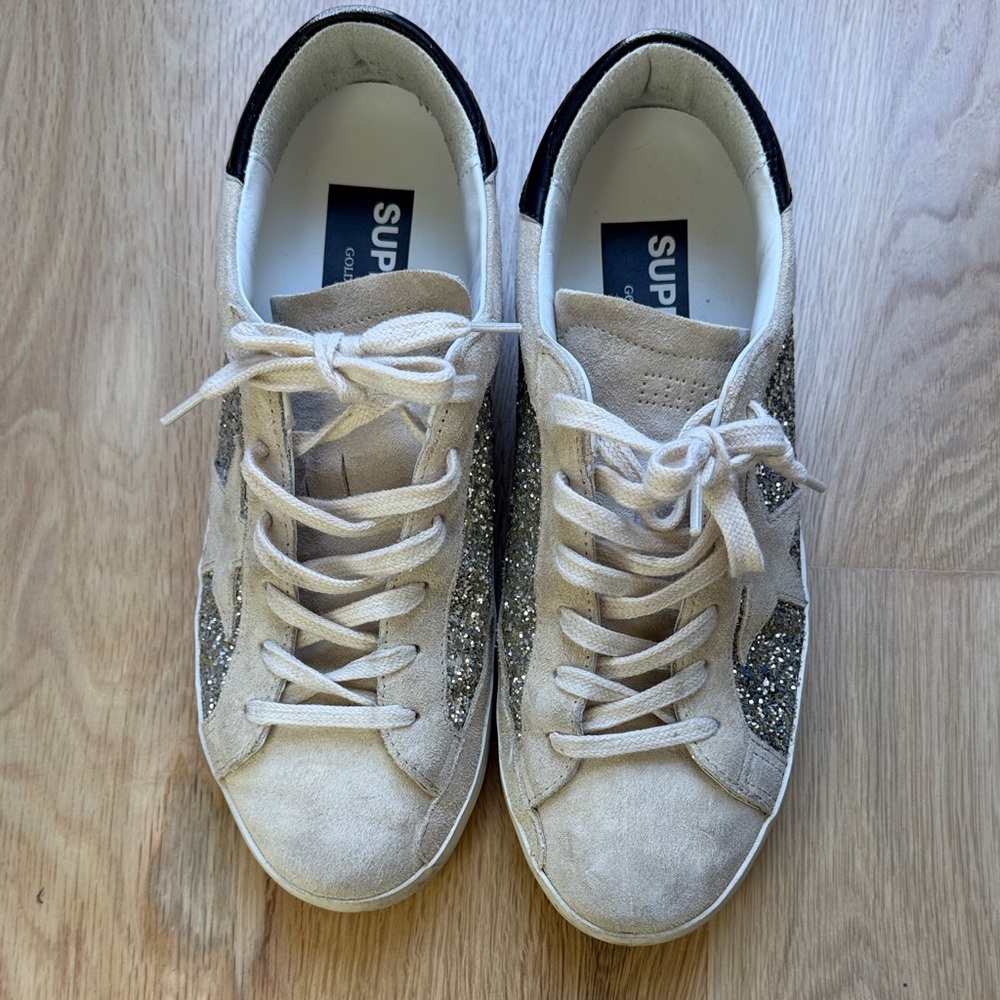 Golden Goose Women’s Cream Suede Sneakers with Silver Glitter Star - Picture 2 of 4
